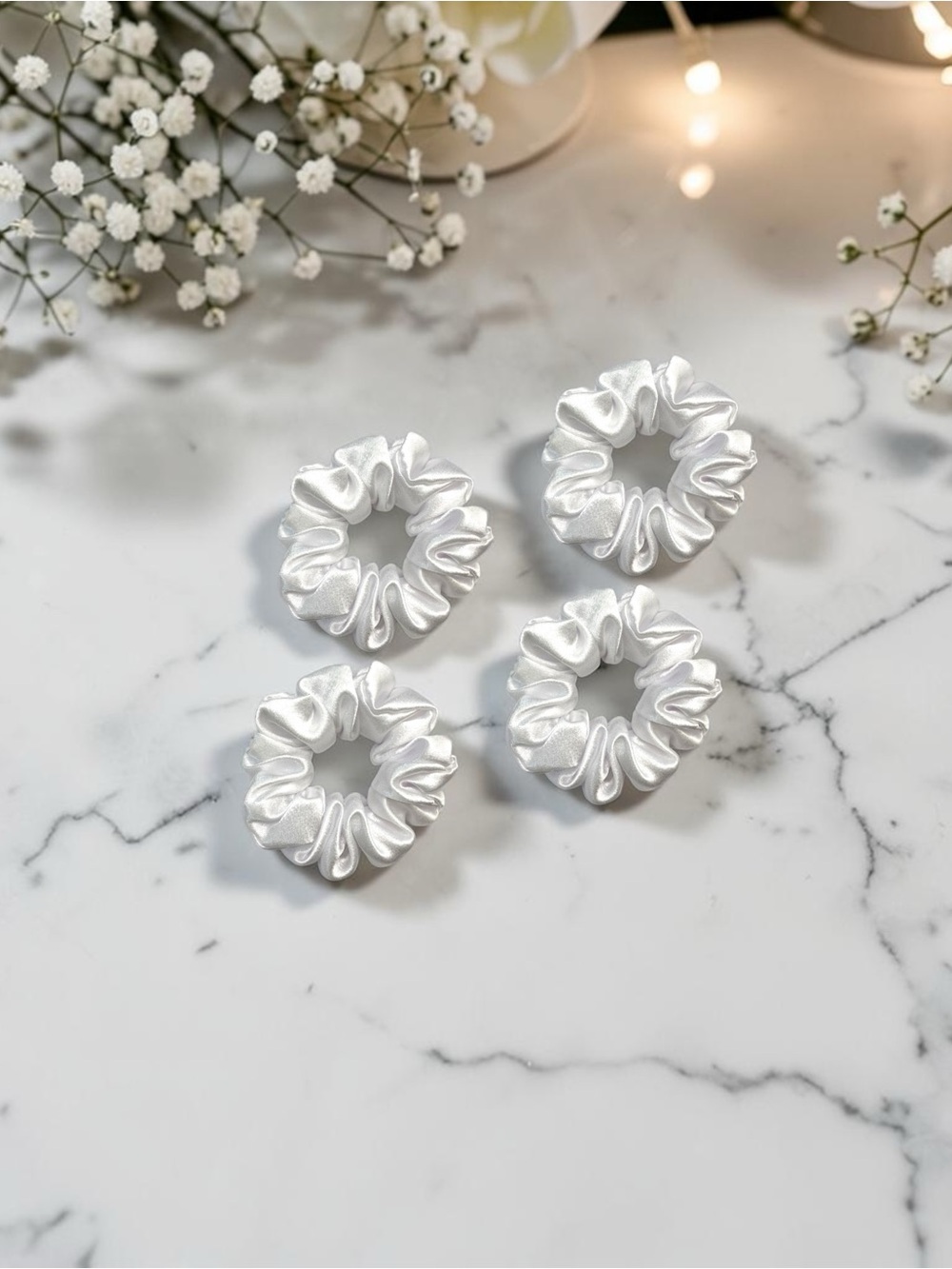 Set of 2 White Shiny Satin Scrunchies